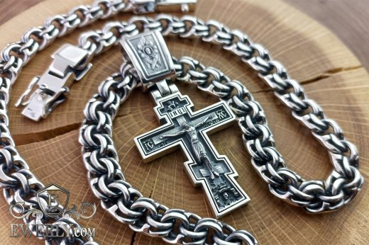 Срібний ланцюг Бісмарк і хрест із срібла з чорнінням купити